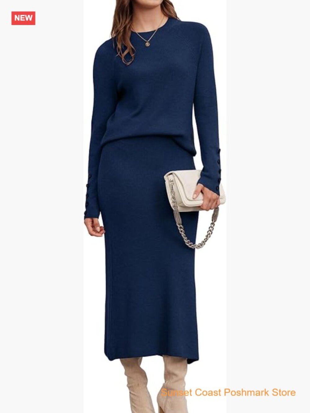 2 Piece Wool Blend Sweater Set Long Sleeve Top Midi Dress Skirt Business Lounge